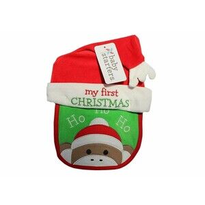 Baby Sock Monkey Bib and Hat w/Embroidered My First Christmas BABY STARTERS NEW